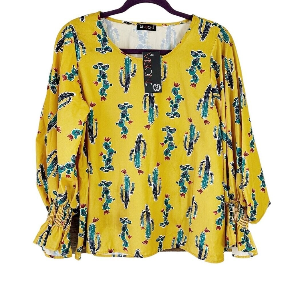 NWT Vision Blouse Cactus Top Blouse Yellow Desert M Southwestern